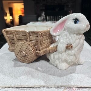Vintage 1984 Ceramic Bunny Rabbit Pulling Cart Planter Easter Decor *
